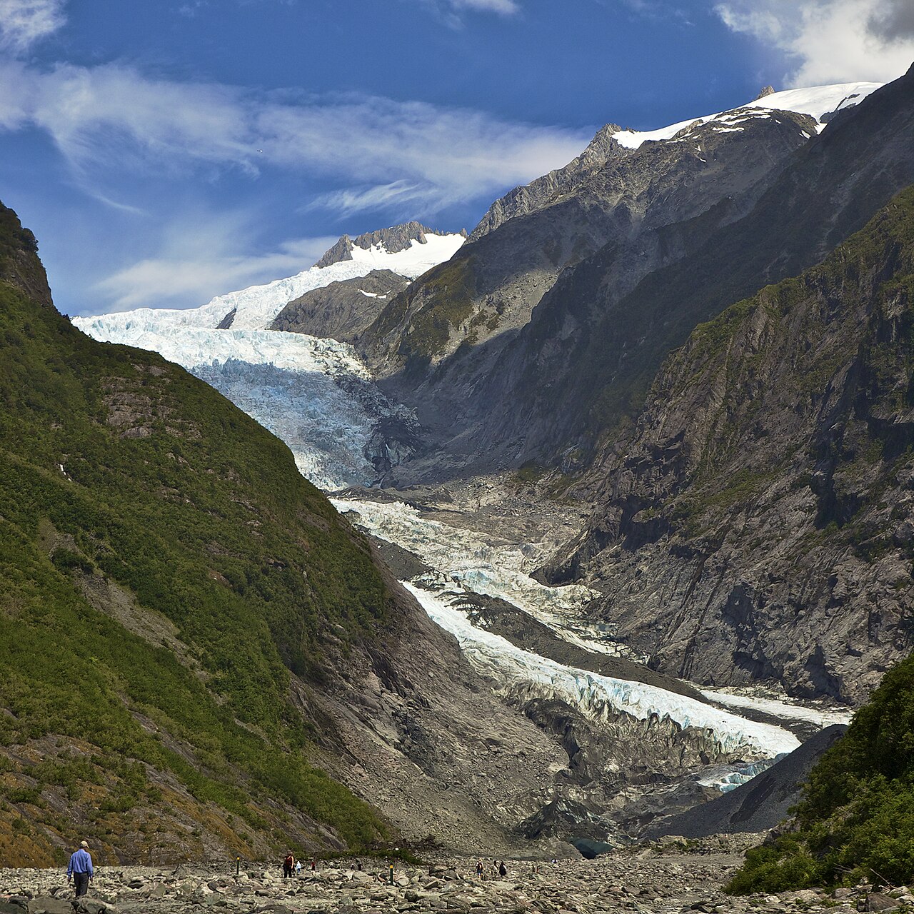 Franz Josef Glacier descending from mountain heights into temperate native rainforest